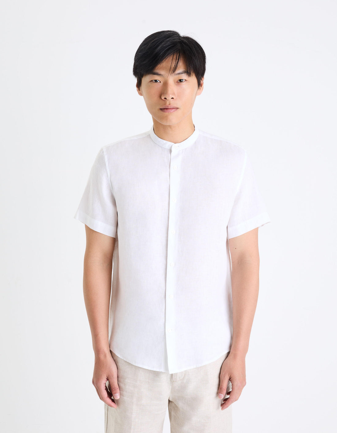 100% Linen Regular Shirt With Mandarin Collar_DAMAOPOC_WHITE_01