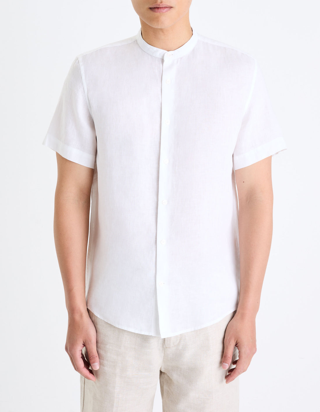 Regular Shirt With Mandarin Collar 100% Linen - White_02