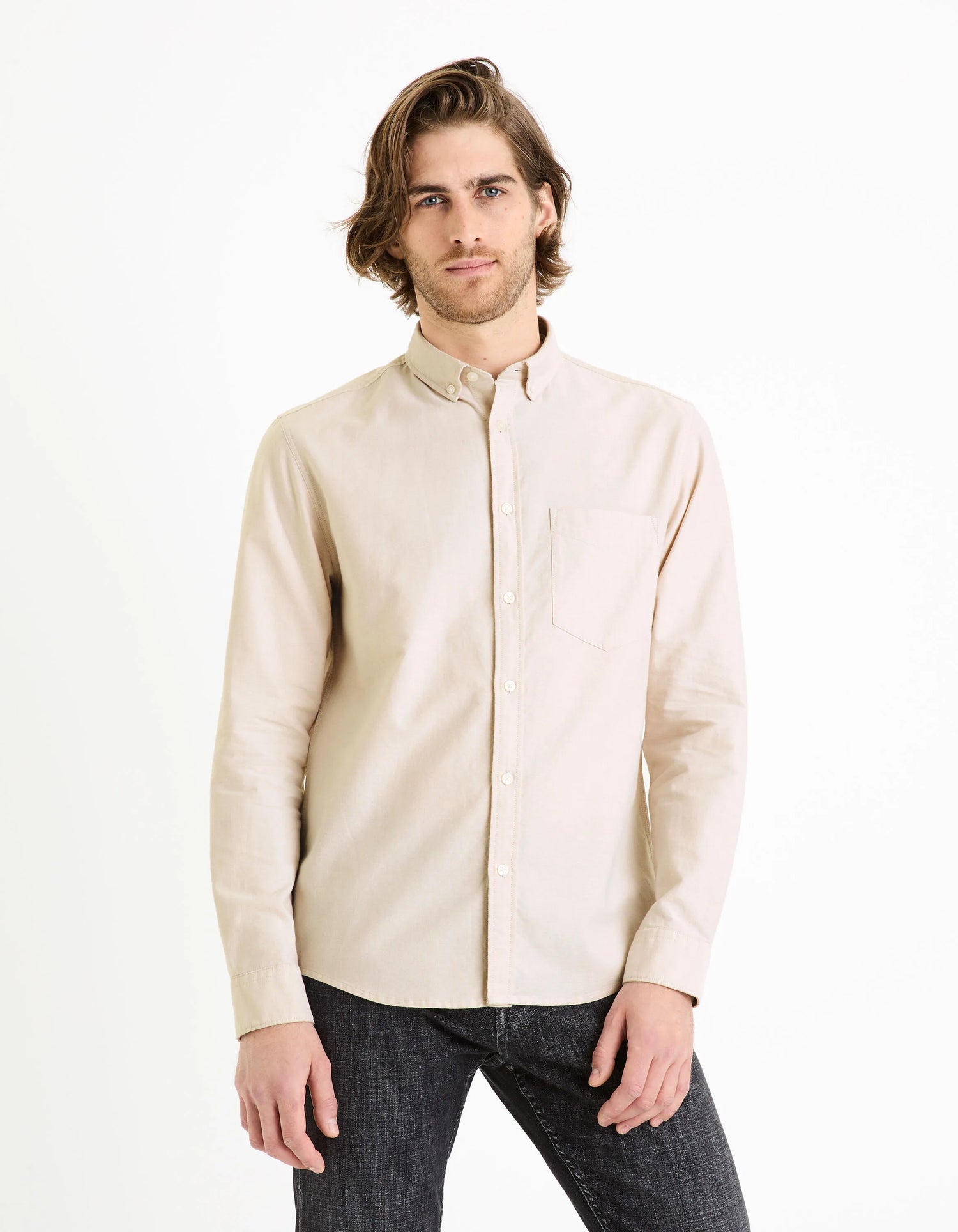 Celio_Beige_Regular 100% Cotton Oxford Shirt_DAXFORD_BEIGE_01