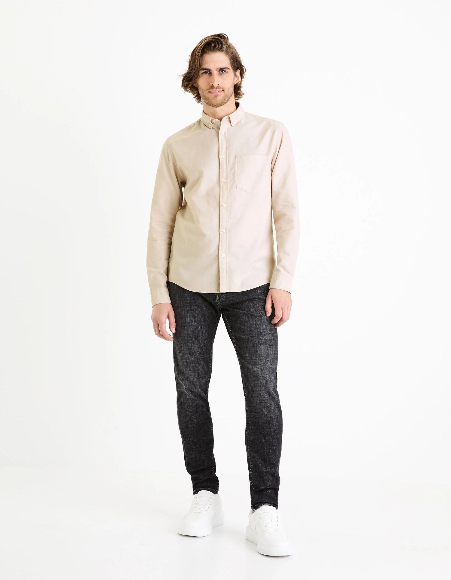 Celio_Beige_Regular 100% Cotton Oxford Shirt_DAXFORD_BEIGE_02