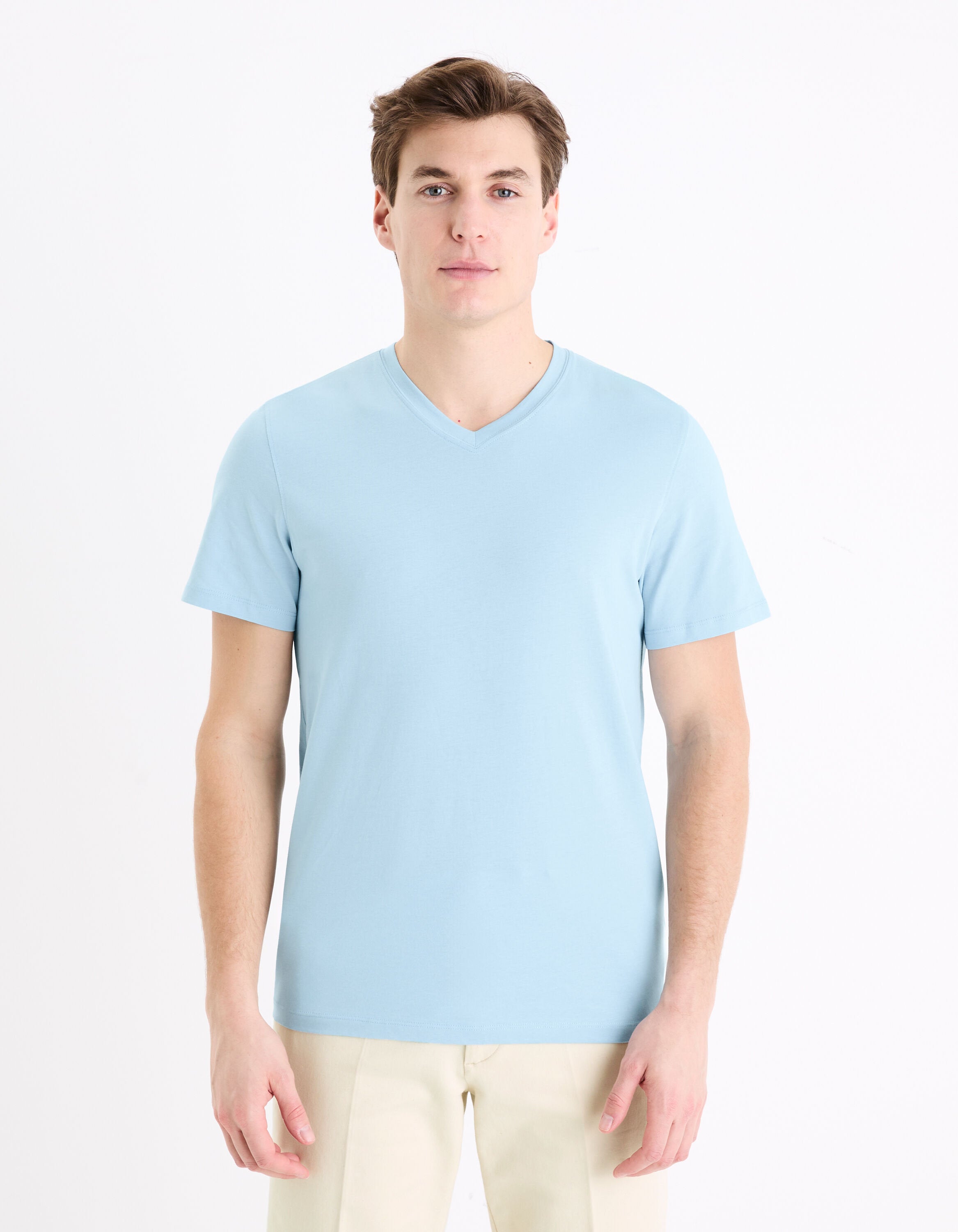 V-Neck T-Shirt 100% Cotton_DEBASEV_AIR BLUE_01