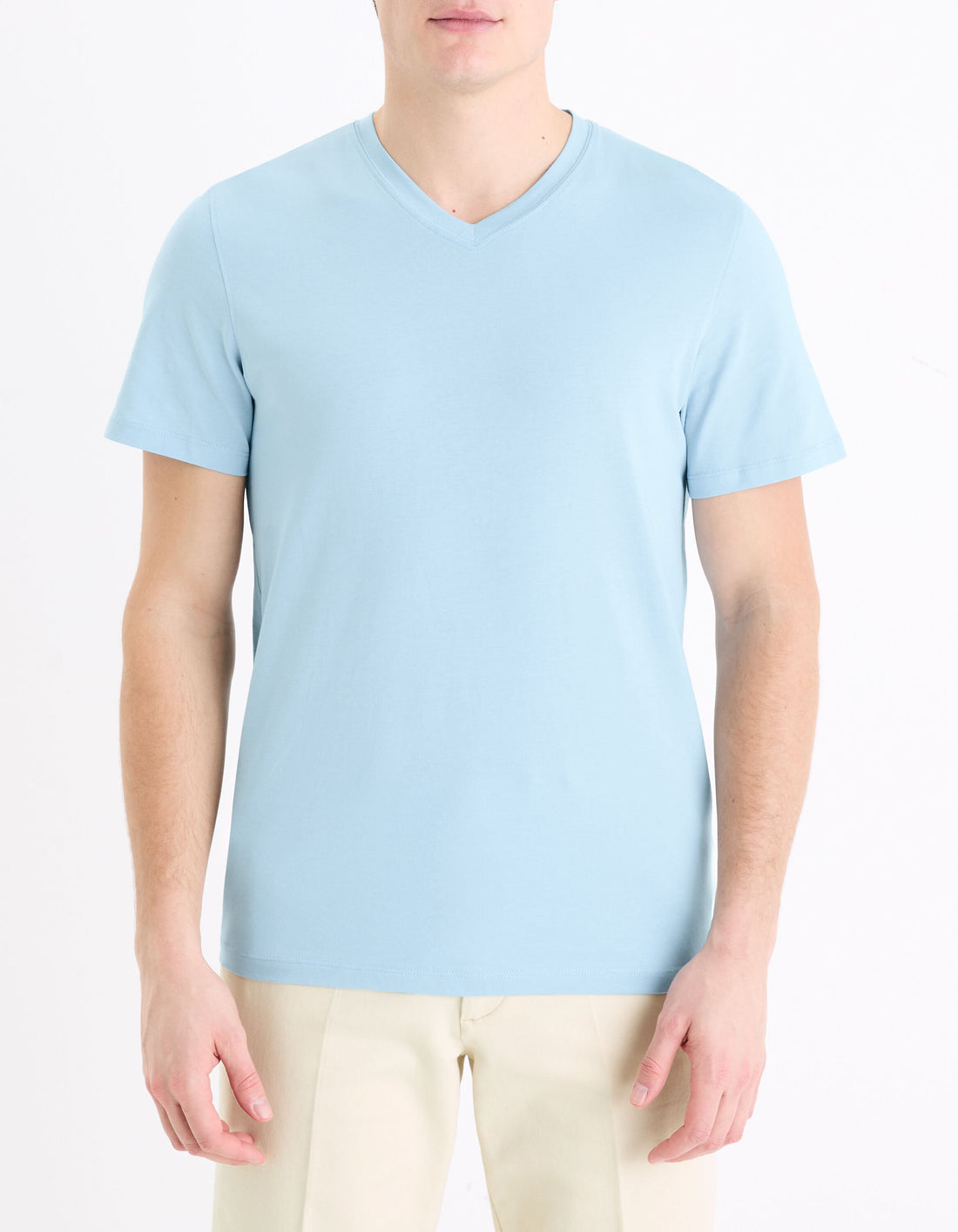 T-Shirt Straight Collar V 100% Cotton - Light Blue_02