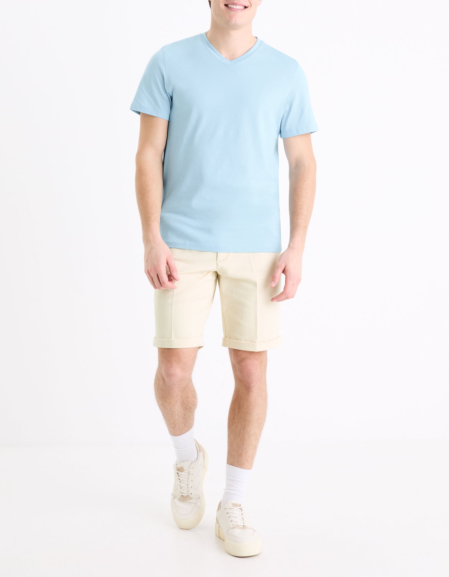 T-Shirt Straight Collar V 100% Cotton - Light Blue_03