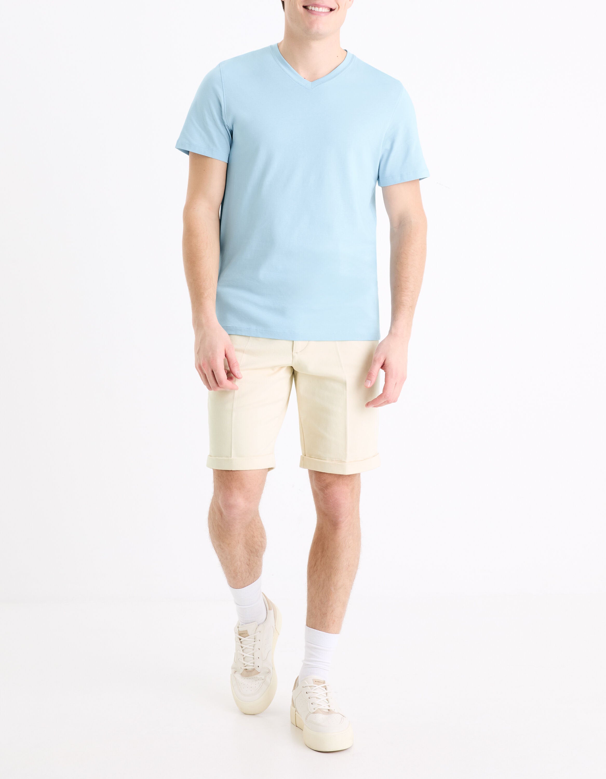 T-Shirt Straight Collar V 100% Cotton - Light Blue_03