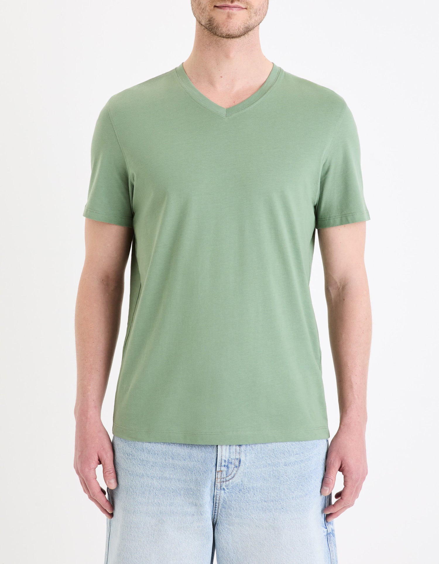 T-Shirt Straight Collar V 100% Cotton - Mineral Green_02