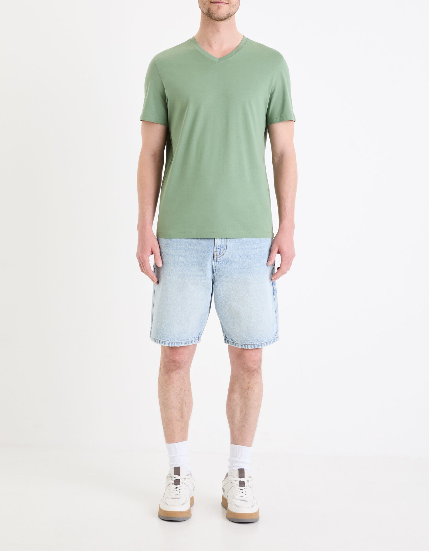 T-Shirt Straight Collar V 100% Cotton - Mineral Green_03