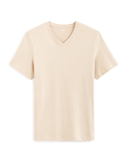 T-Shirt Straight Collar V 100% Cotton - Beige_01