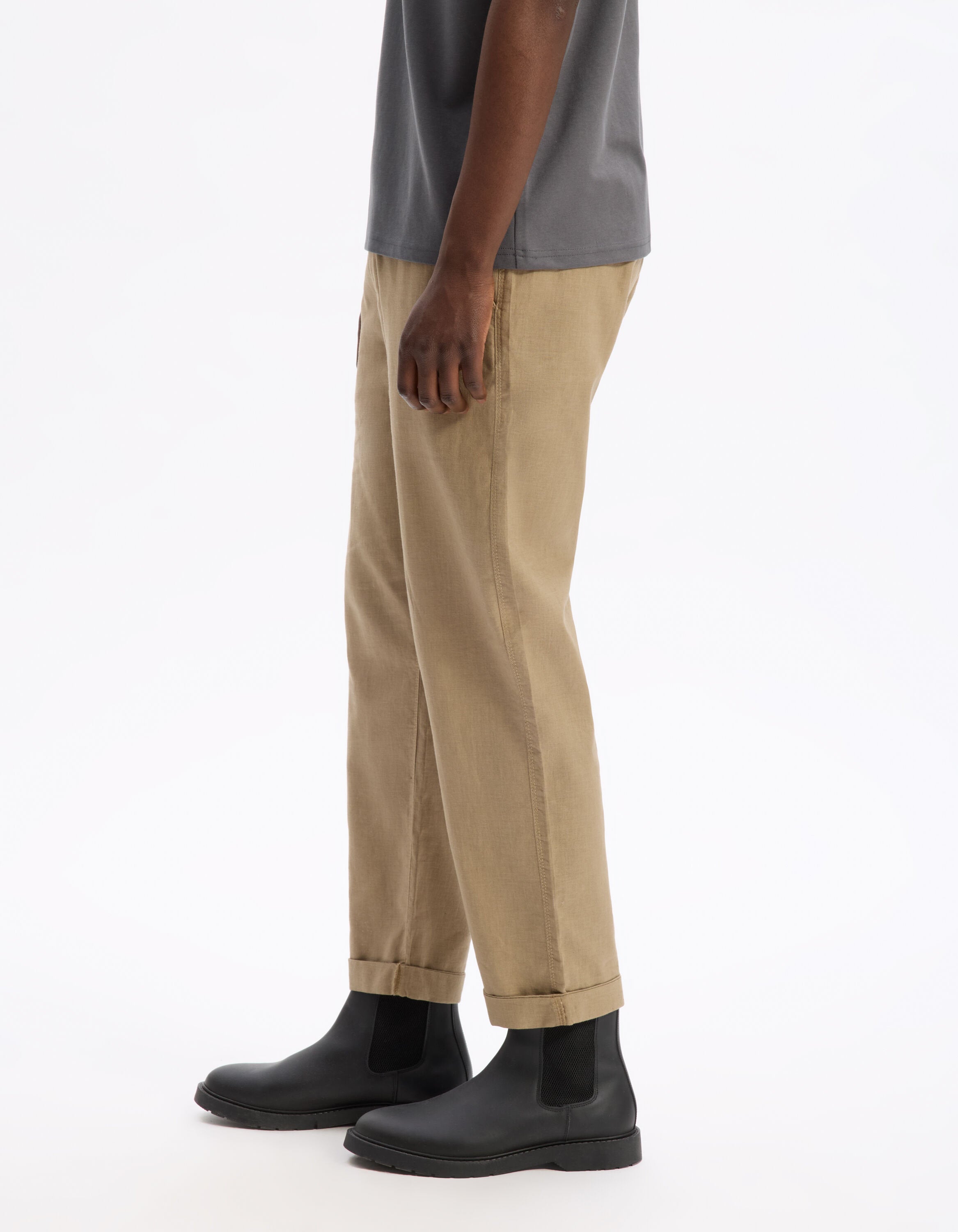Celio_Taupe Straight Linen and Cotton Trousers_DOLINCO_TAUPE_04