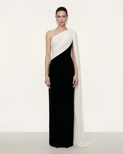 JW Pei Black White Women One Shoulder Draped Maxi Dress SKU: DS1554X001-1_Black White Image 01