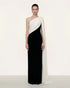 JW Pei Black White Women One Shoulder Draped Maxi Dress SKU: DS1554X001-1_Black White Image 01