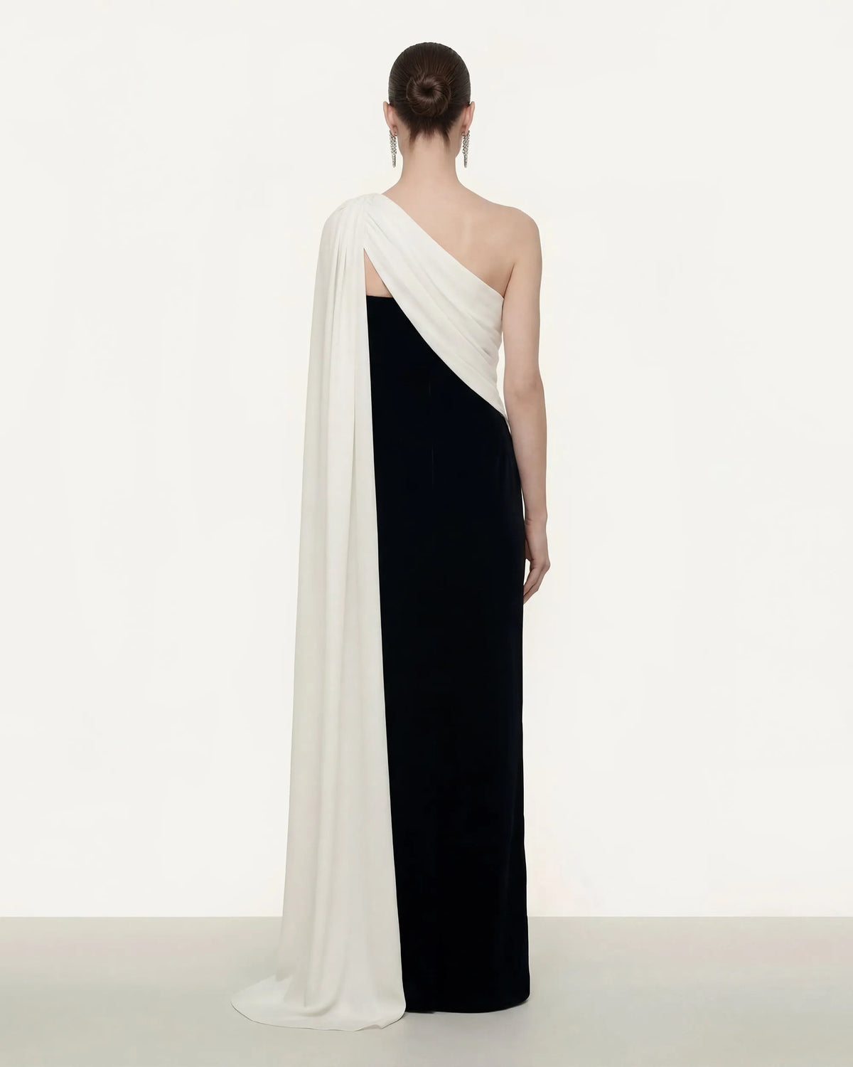 JW Pei Black White Women One Shoulder Draped Maxi Dress SKU: DS1554X001-1_Black White Image 02