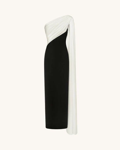JW Pei Black White Women One Shoulder Draped Maxi Dress SKU: DS1554X001-1_Black White Image 03