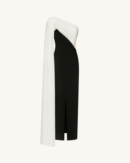 JW Pei Black White Women One Shoulder Draped Maxi Dress SKU: DS1554X001-1_Black White Image 04