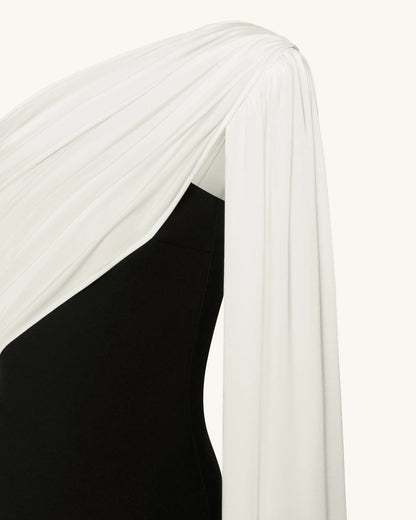 JW Pei Black White Women One Shoulder Draped Maxi Dress SKU: DS1554X001-1_Black White Image 05