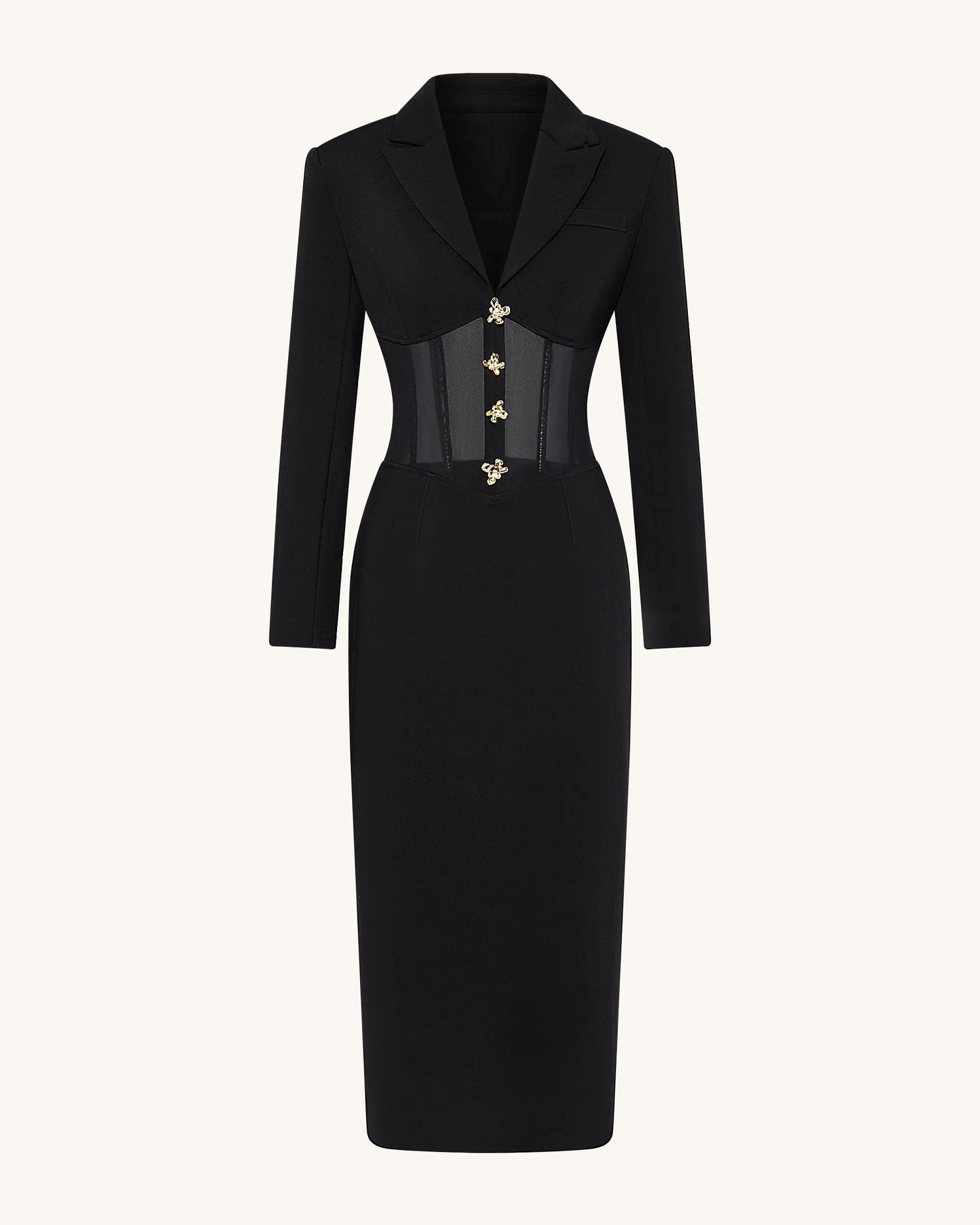 JW PEI_Black_Sheer Boned Corset Waist Blazer Maxi Dress_DZ083-1_Black_02