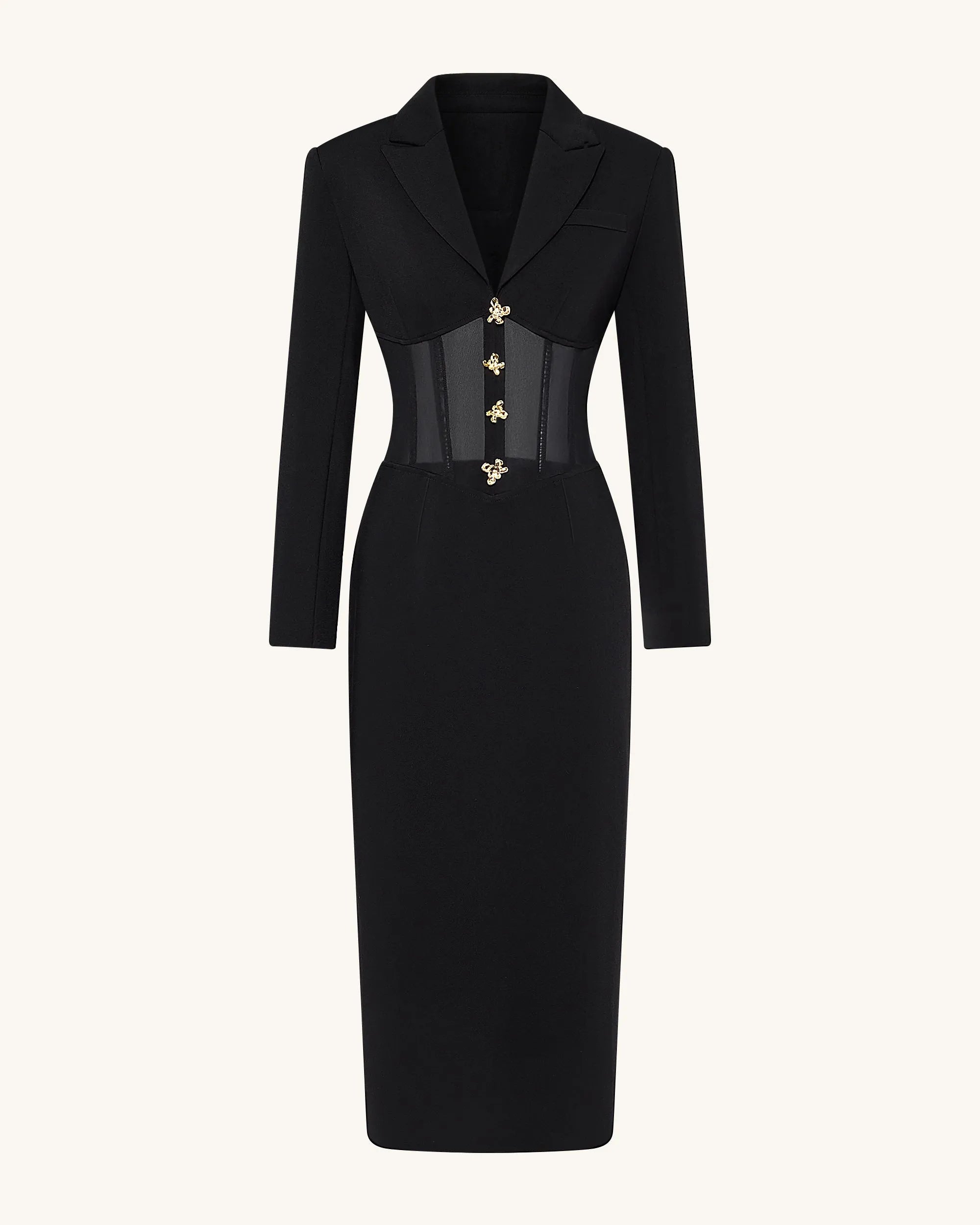 JW PEI_Black_Sheer Boned Corset Waist Blazer Maxi Dress_DZ083-1_Black_02