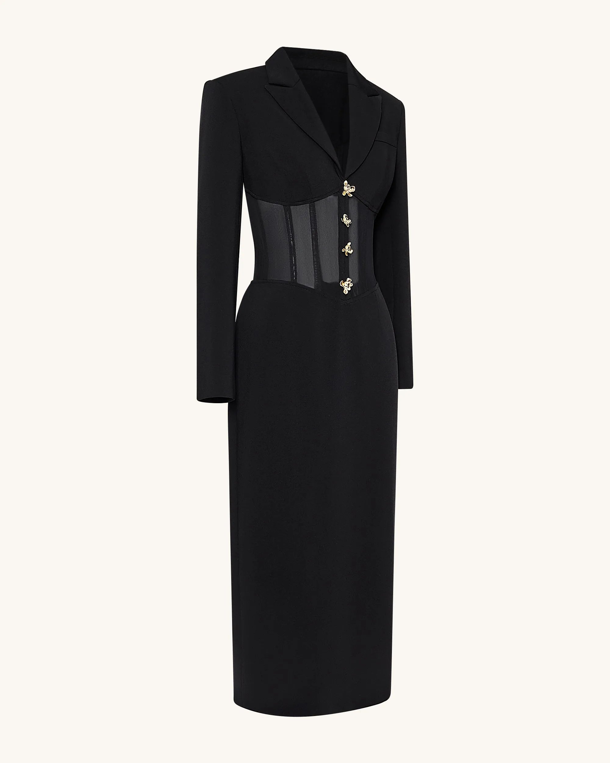JW PEI_Black_Sheer Boned Corset Waist Blazer Maxi Dress_DZ083-1_Black_03
