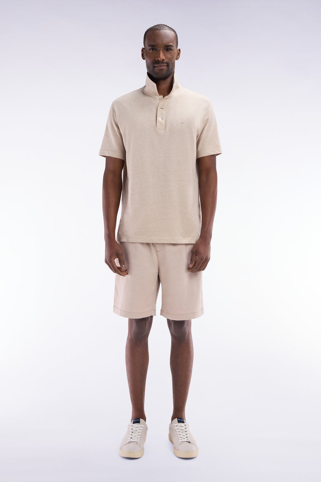 Eden Park_Elasticated Waistband Beige Bermuda Shorts in Lyocell and Stretch Cotton_E25BASBE0005_BEM7_01