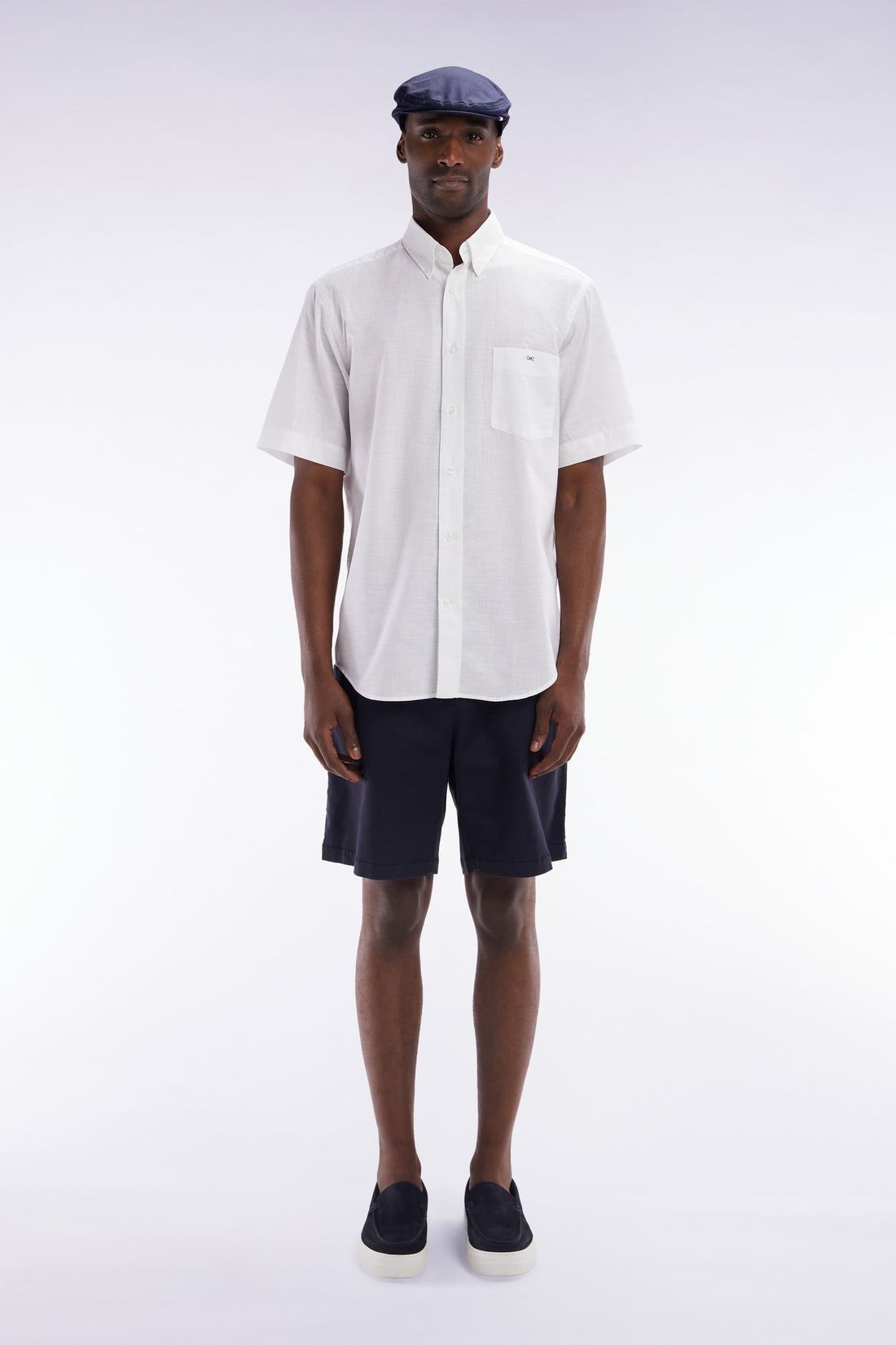 Eden Park_Elasticated Waistband Navy Bermuda Shorts in Lyocell and Stretch Cotton_E25BASBE0005_BLF_01