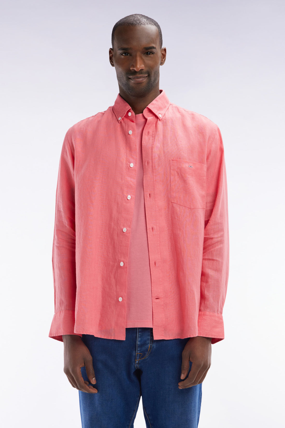 Eden Park_Straight-Fit Salmon Linen Shirt_E25CHECL0005_ROF3_01