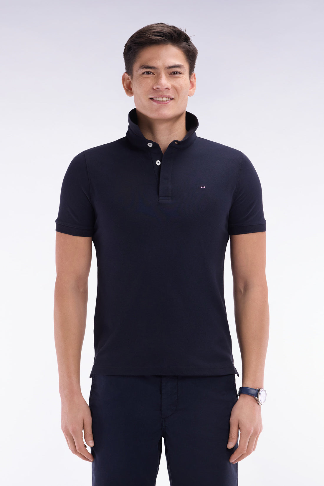 Eden Park_Slim-Fit Short-Sleeved Polo Shirt in Navy Stretch Cotton PiquŽ_E25MAIPC0001_BLF_01