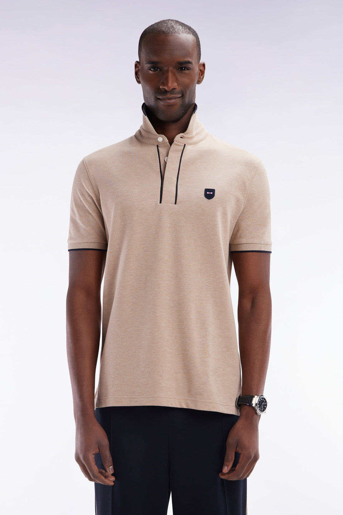 Eden Park_Slim-Fit Short-Sleeved Polo Shirt in Beige Stretch Cotton PiquŽ_E25MAIPC0011_BEC13_01