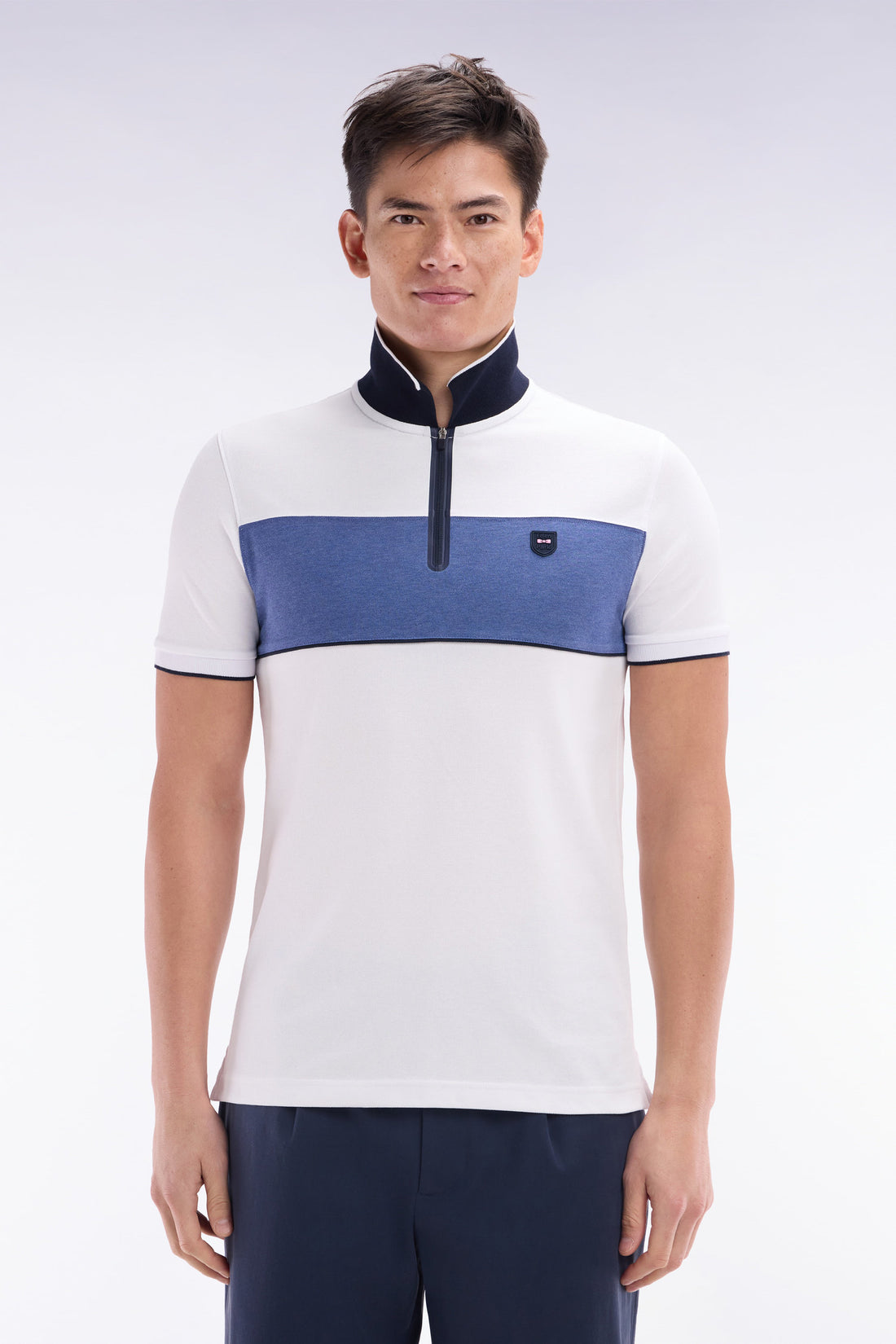 Eden Park_Slim-Fit Short-Sleeved Polo Shirt in Grey Stretch Mottled Cotton PiquŽ with Contrasting Accents_E25MAIPC0013_BLM30_01