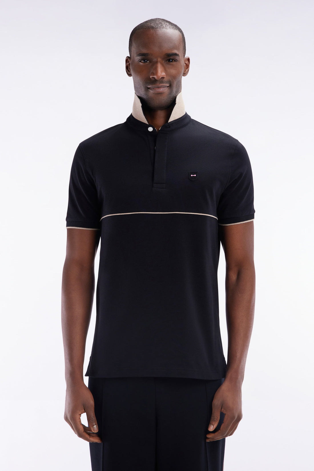 Eden Park_Slim-Fit Two-Tone Black Stretch Cotton Short-Sleeved Polo Shirt_E25MAIPC0015_NO_01