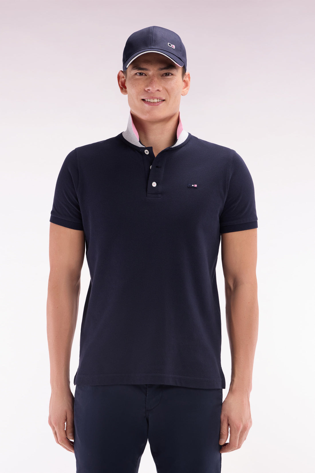 Eden Park_Polo Shirt in Navy Cotton with Two-Tone Eden Park Jacquard Collar_E25MAIPC0025_BLF_01