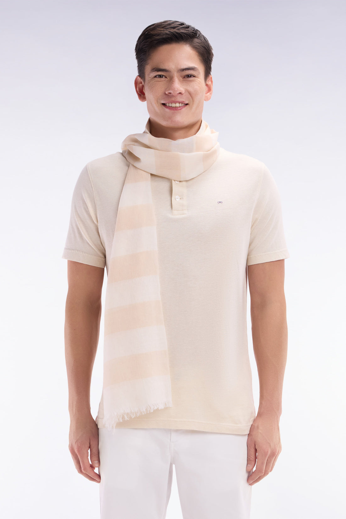 Eden Park_Straight-Fit Short-Sleeved Polo Shirt in Cream Cotton-Linen Blend_E25MAIPC0061_BEC15_01