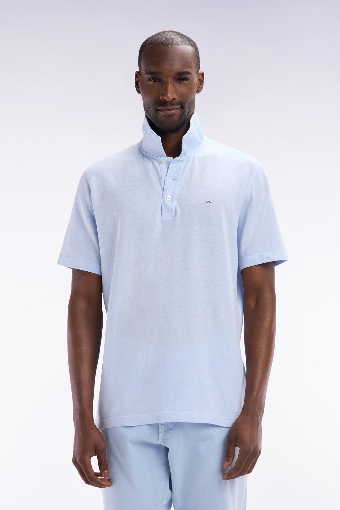 Eden Park_Straight-Fit Short-Sleeved Polo Shirt in Grey Blue Cotton-Linen Blend_E25MAIPC0061_BLC6_01