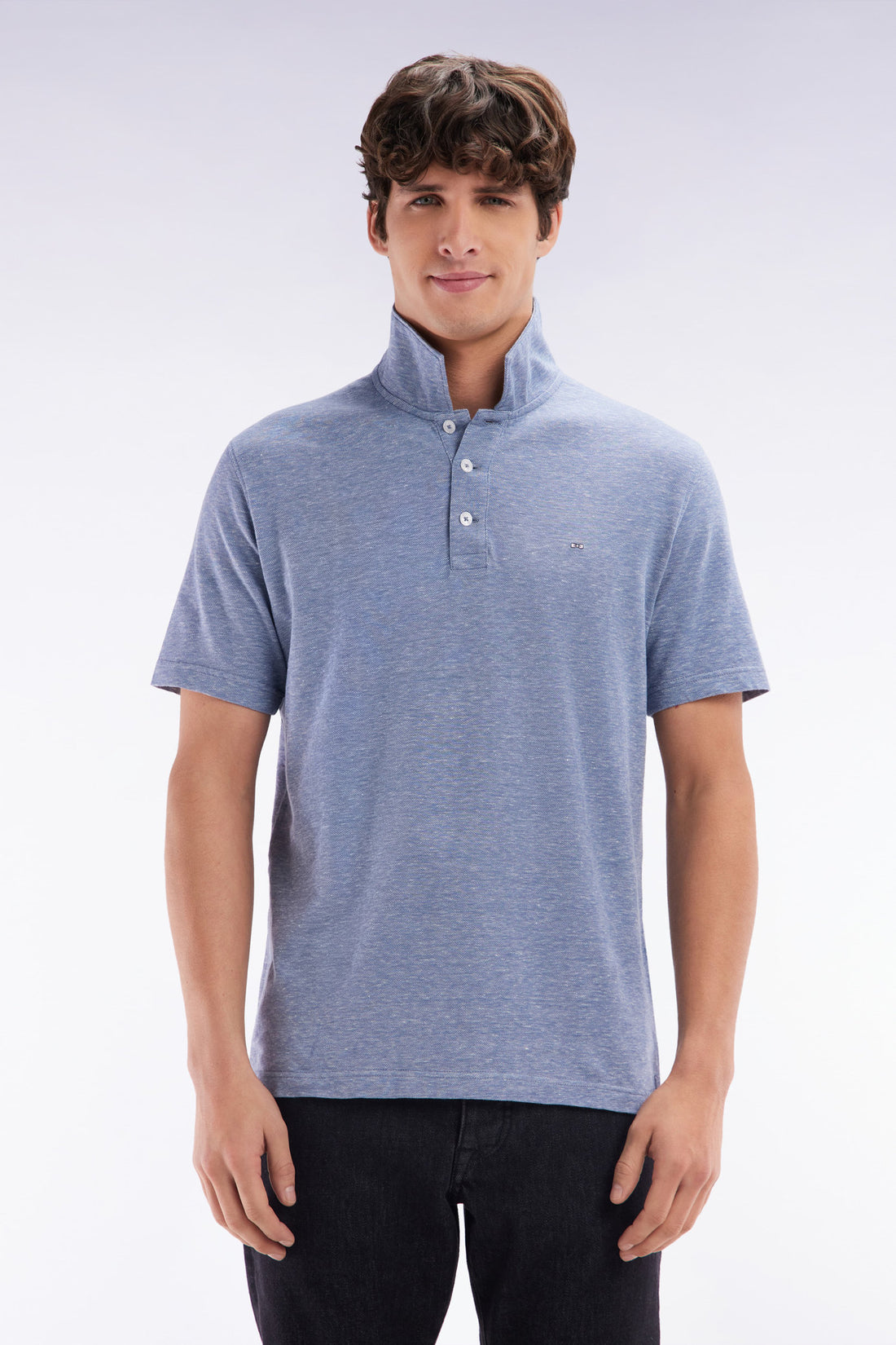 Eden Park_Straight-Fit Short-Sleeved Polo Shirt in Dark Grey Cotton-Linen Blend_E25MAIPC0061_GRM12_01