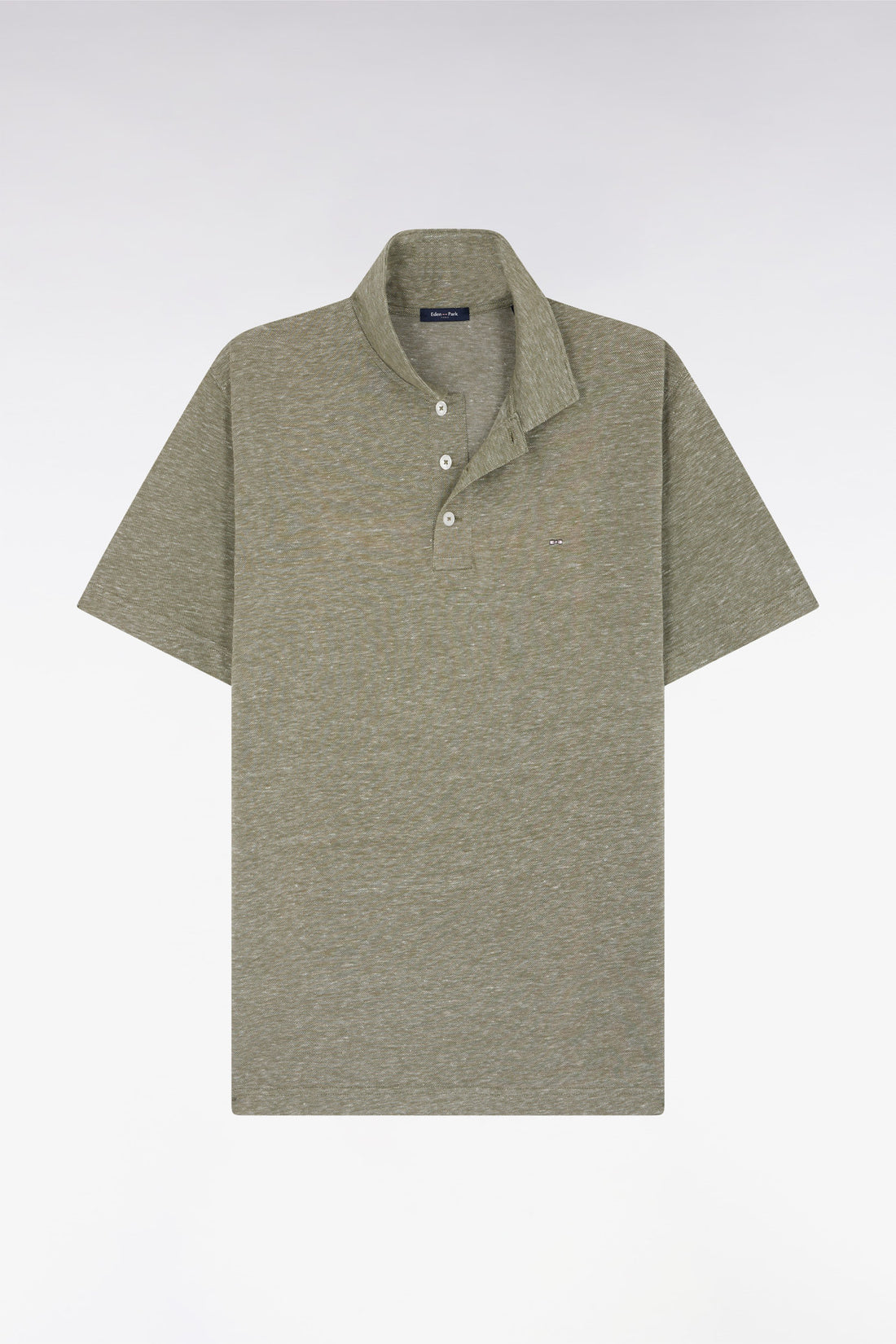 Eden Park_Straight-Fit Short-Sleeved Polo Shirt in Khaki Cotton-Linen Blend_E25MAIPC0061_KAM21_01