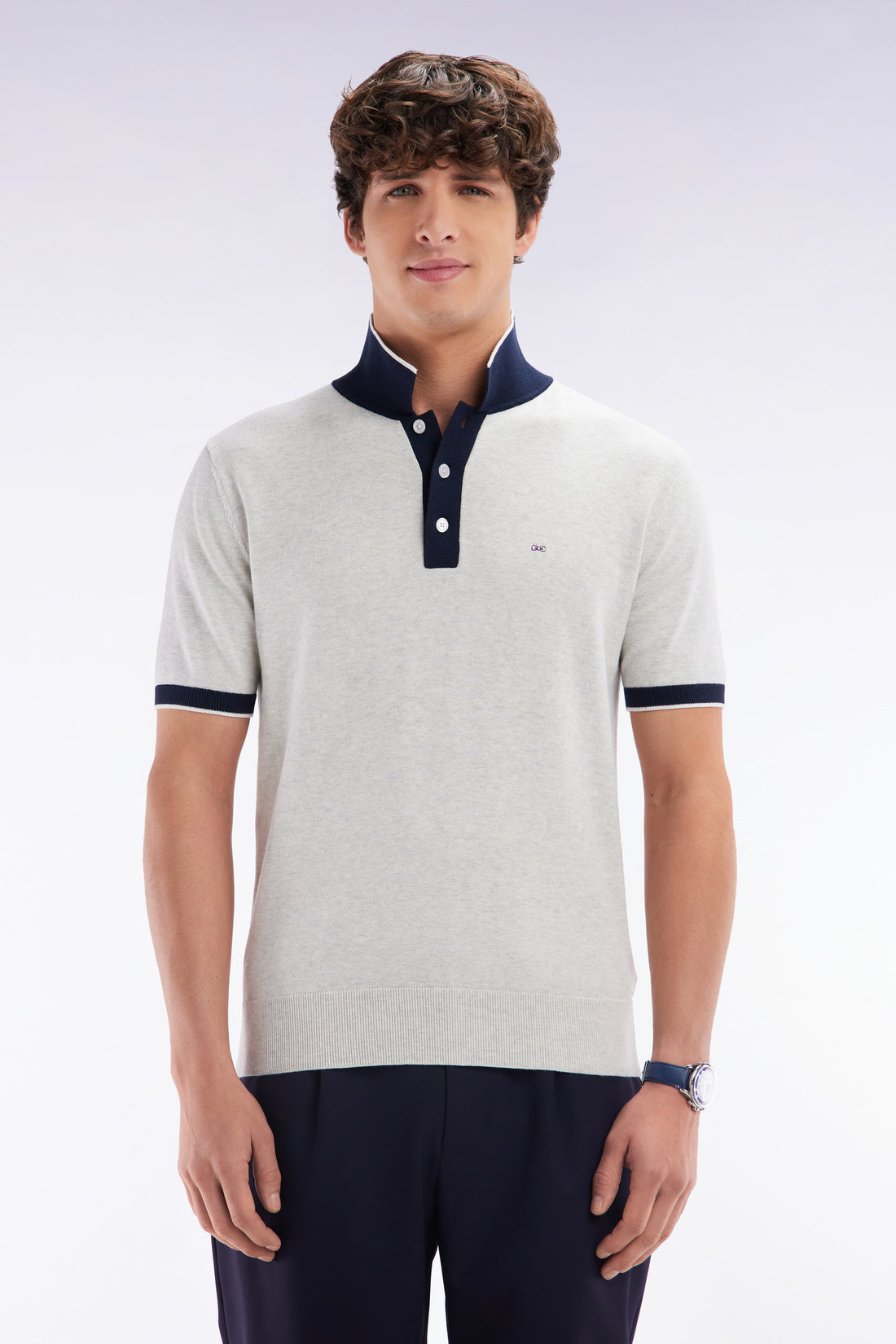 Eden Park_Straight-Fit Short-Sleeved Polo Collar Jumper in Grey Cotton_E25MAIPU0010_GRC10_01