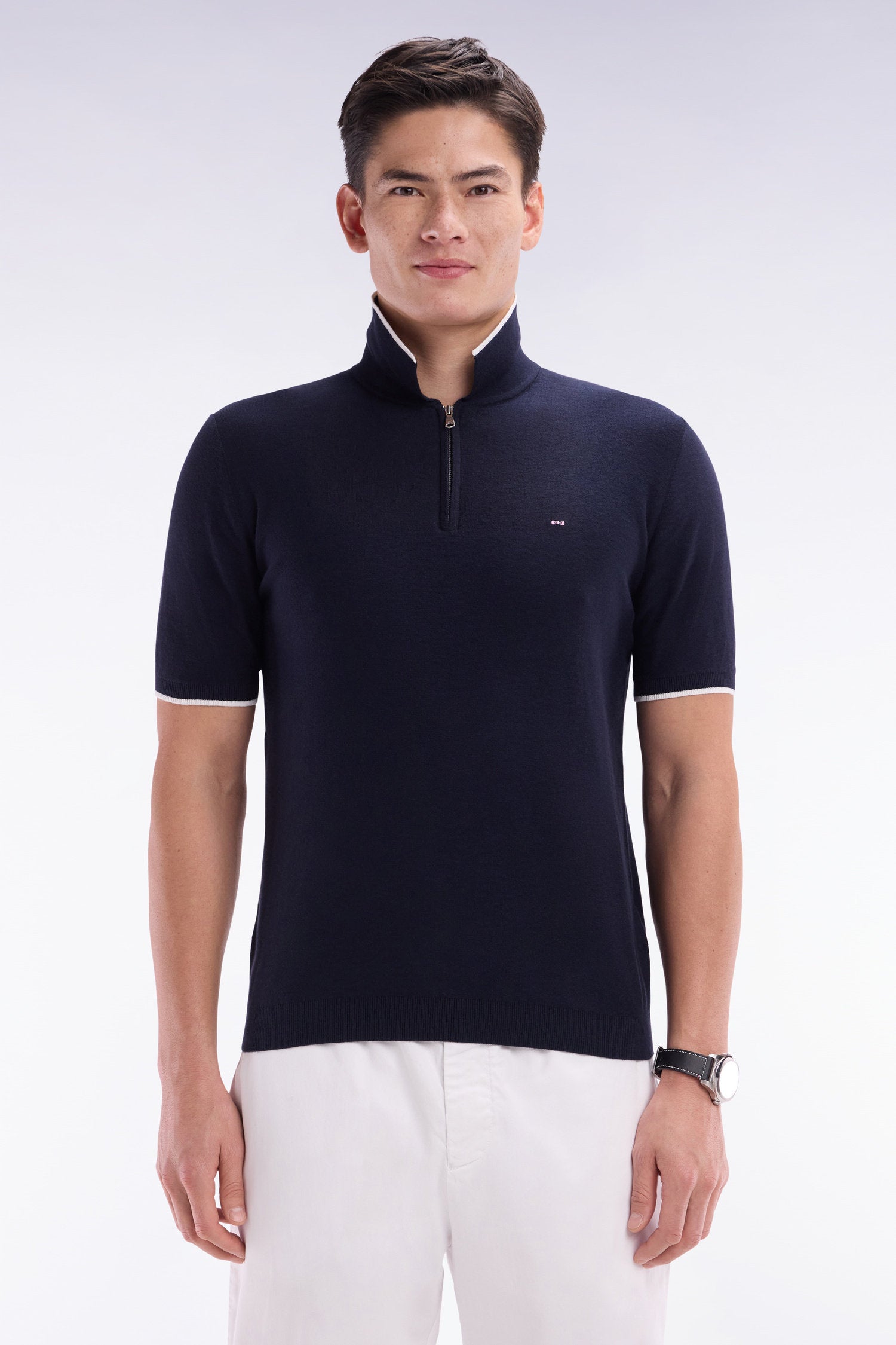 Eden Park_Straight-Fit Navy Polo Neck Jumper in Organic Cotton and Cashmere Blend_E25MAIPU0029_BLF_01