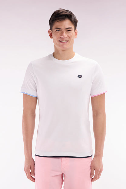 Eden Park_Straight-Fit White Cotton T-Shirt with Colorful Sleeve Trim_E25MAITC0051_BC_01