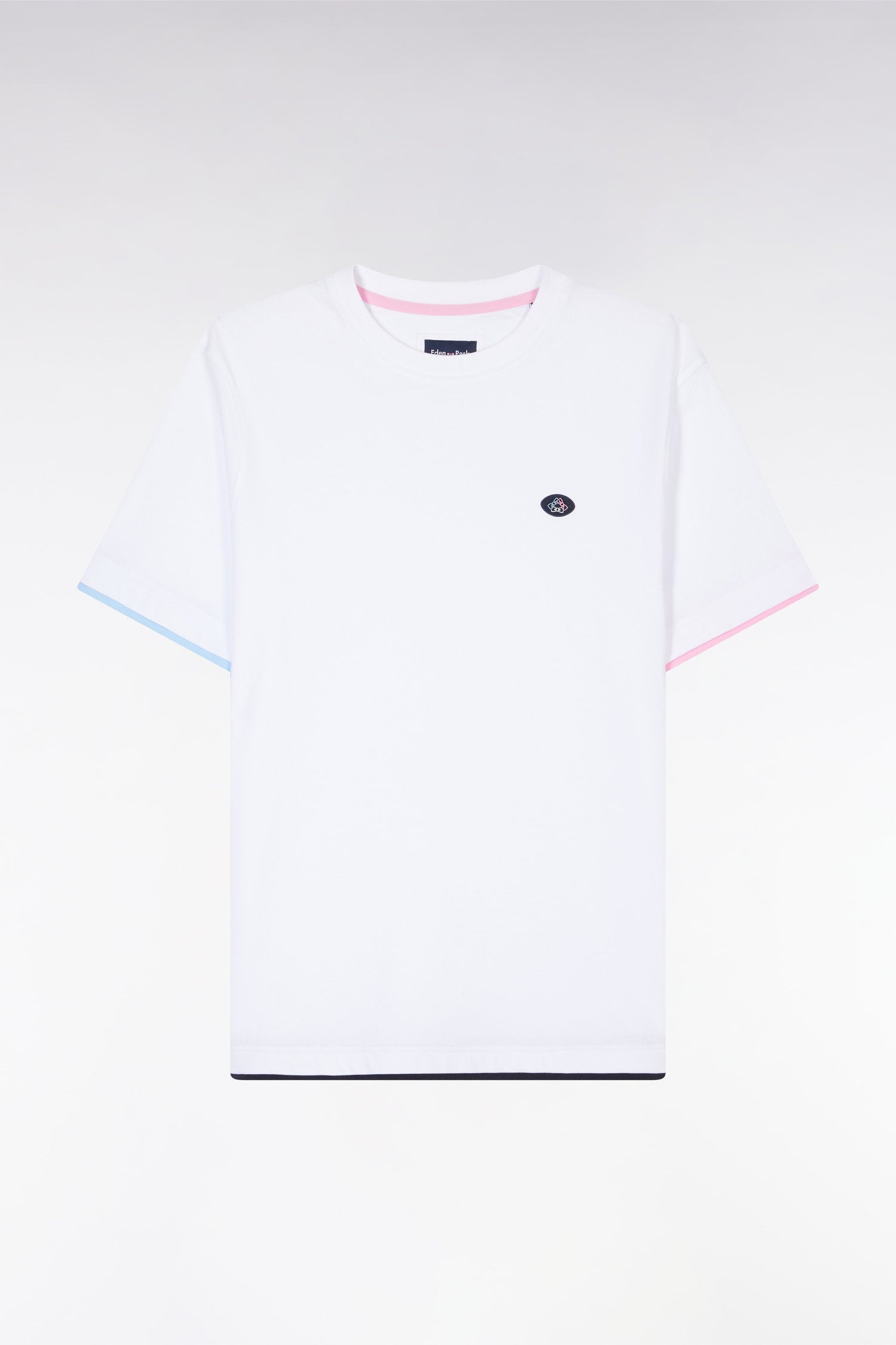 Eden Park_Straight-Fit White Cotton T-Shirt with Colorful Sleeve Trim_E25MAITC0051_BC_04