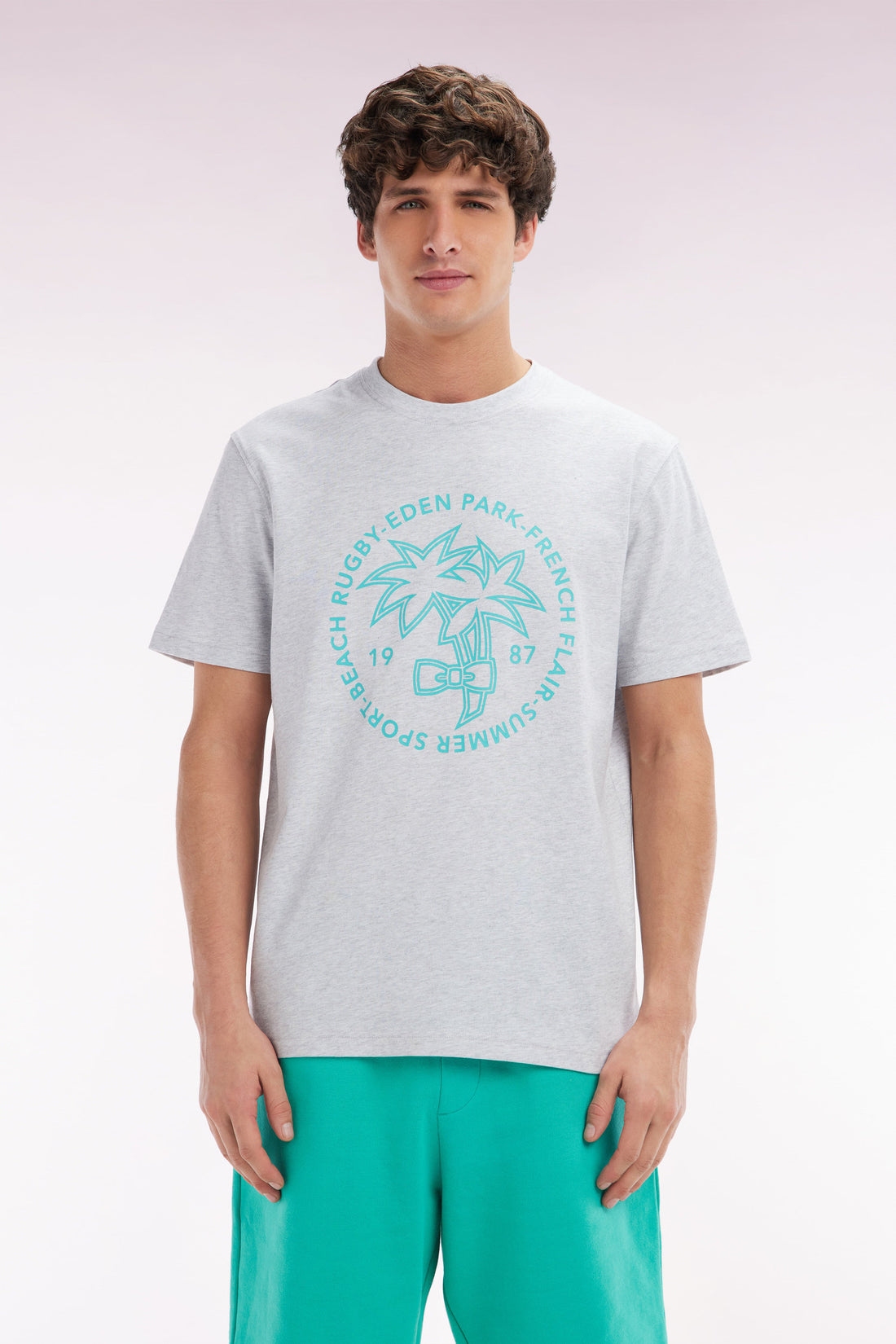 Eden Park_Grey Cotton T-Shirt with Palm Tree Screen print_E25MAITC0069_GRC10_01