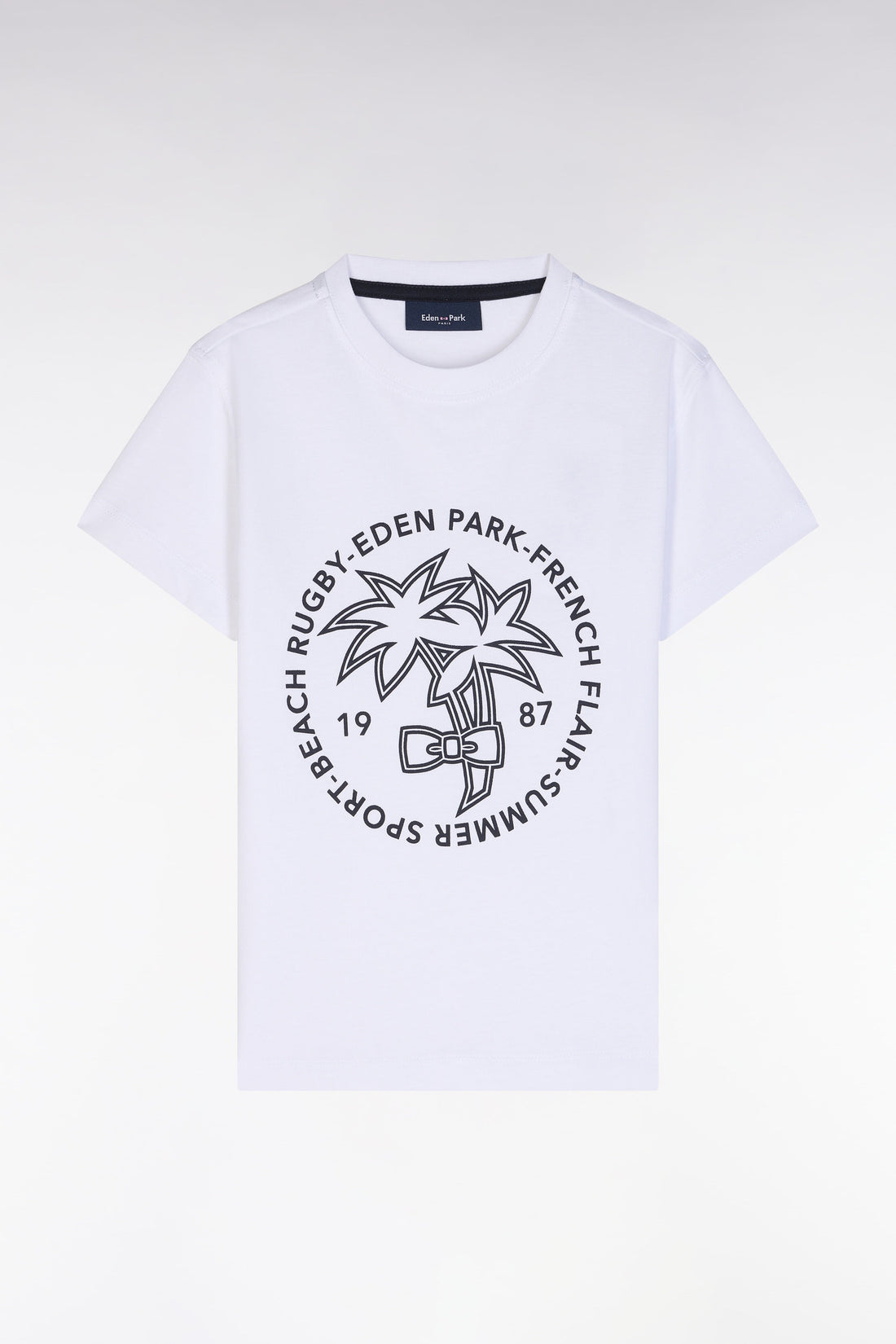 Eden Park_Straight-Fit White Cotton T-Shirt with Navy Palm Silkscreen_E25MAITC0082_BC_01
