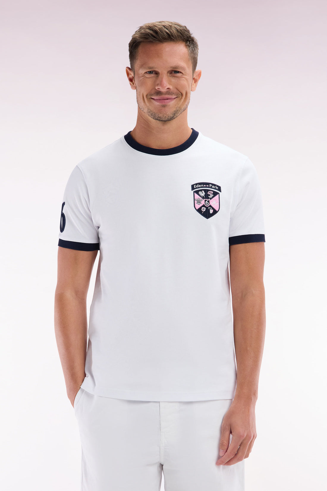 Eden Park_Straight-Fit White Cotton T-Shirt with 6 Nations Patch_E25MAITC0085_BC_01