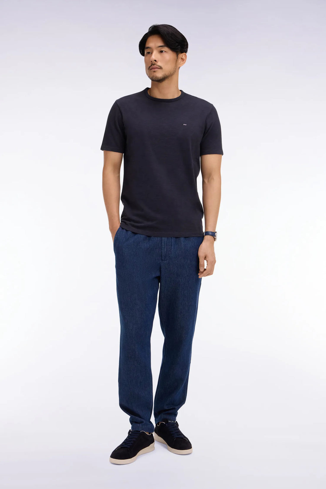 Eden Park Navy Blue Men Modern Fit Blue Chambray Elasticated Waist Pants SKU: E26BASPA0001_BLF Image 01