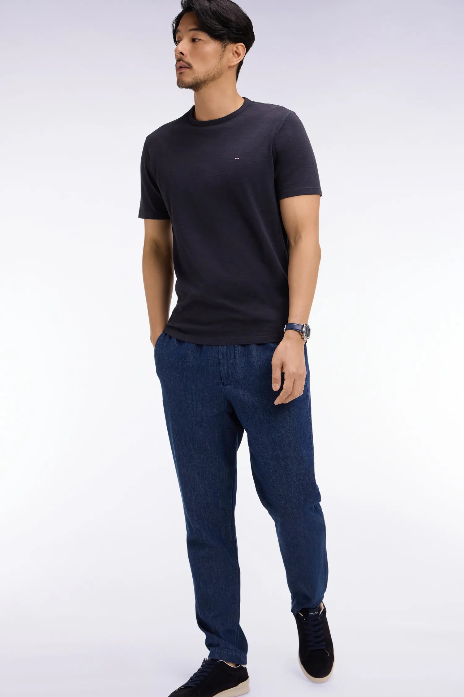 Eden Park Navy Blue Men Modern Fit Blue Chambray Elasticated Waist Pants SKU: E26BASPA0001_BLF Image 03
