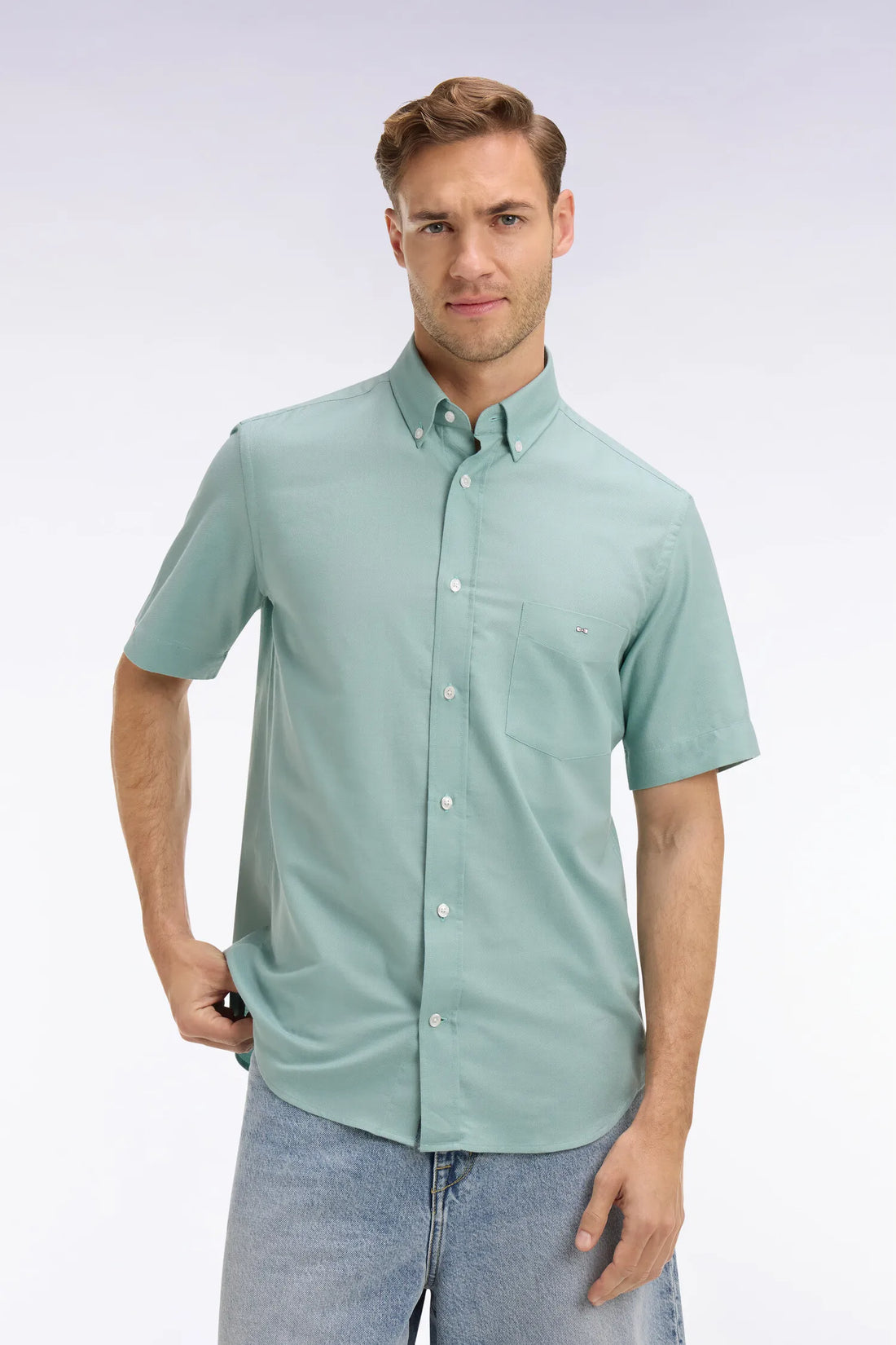 Eden Park Green Men Short-Sleeved Shirt in Sea Green Cotton Pique SKU: E26CHECC0001_VEM39 Image 01