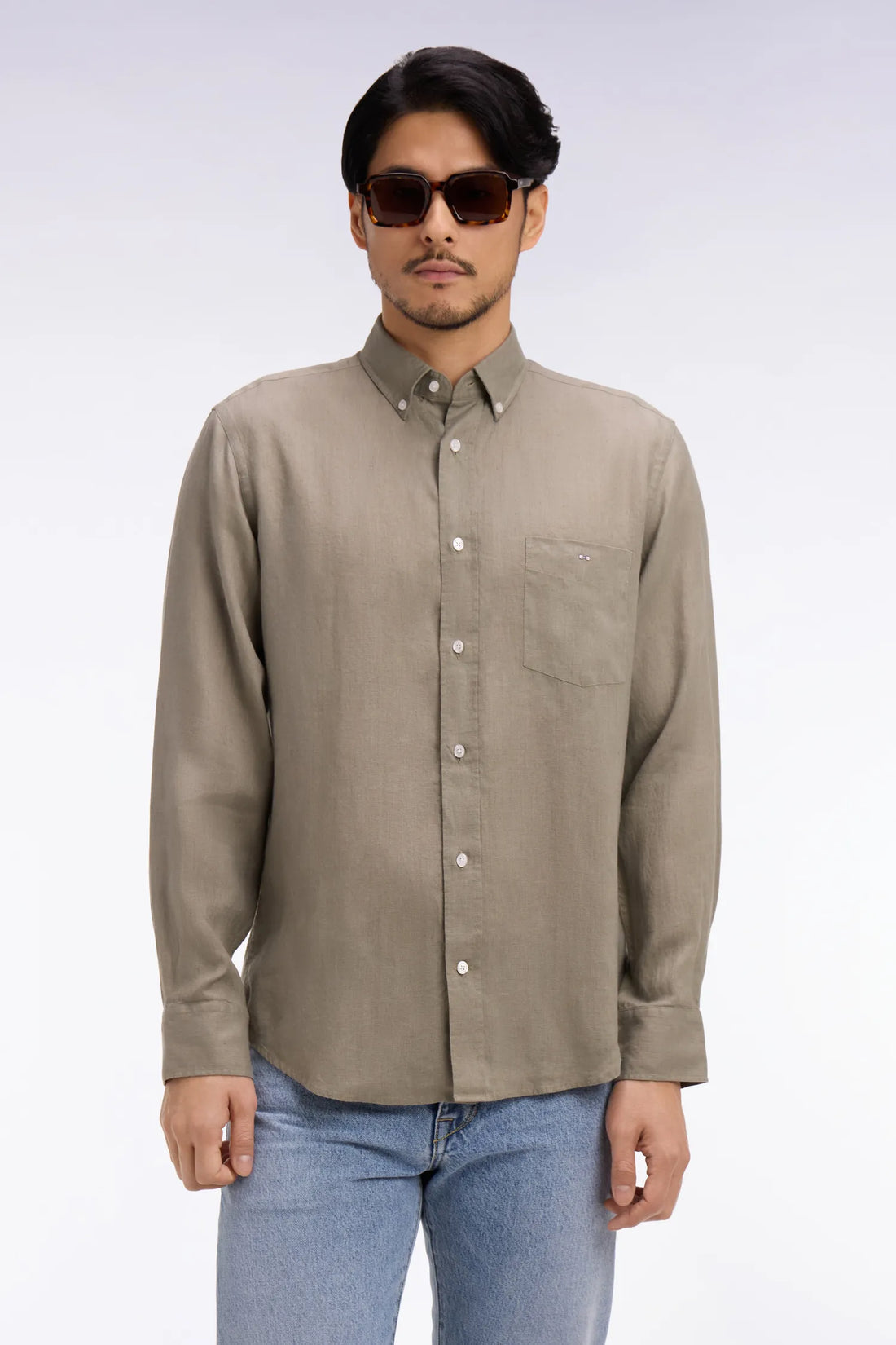 Eden Park Khaki Men Straight Brown Linen Shirt SKU: E26CHECL0001_BEF3 Image 01
