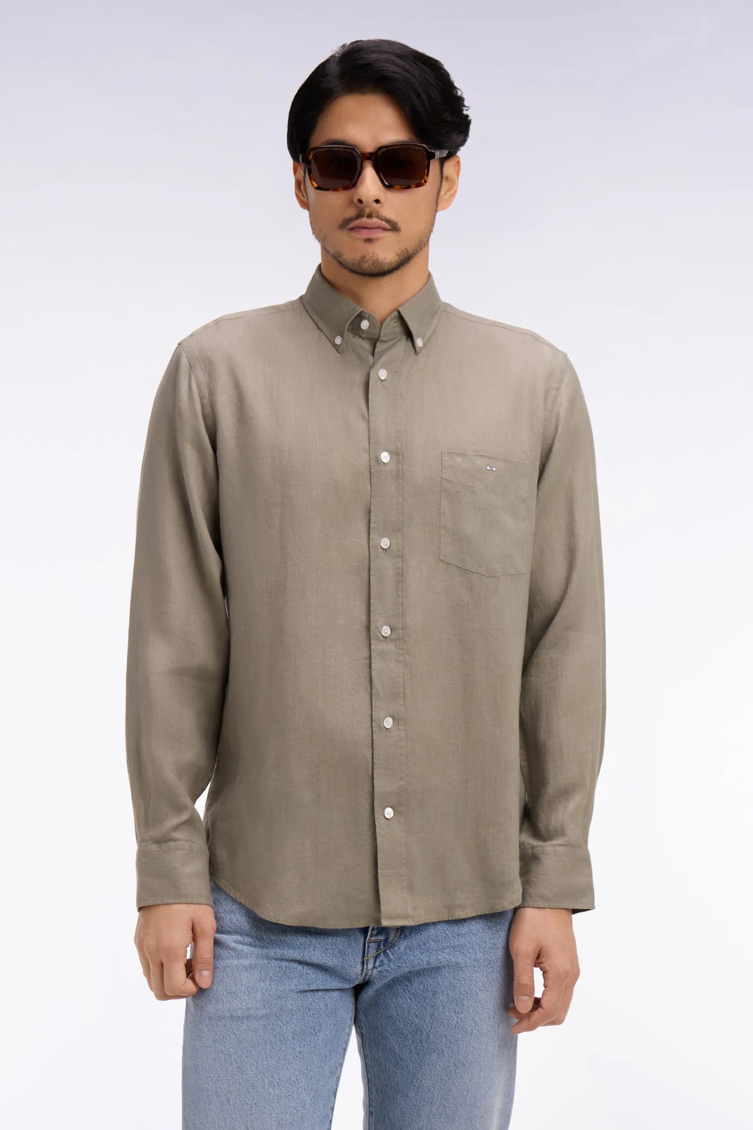 Eden Park Khaki Men Straight Brown Linen Shirt SKU: E26CHECL0001_BEF3 Image 01