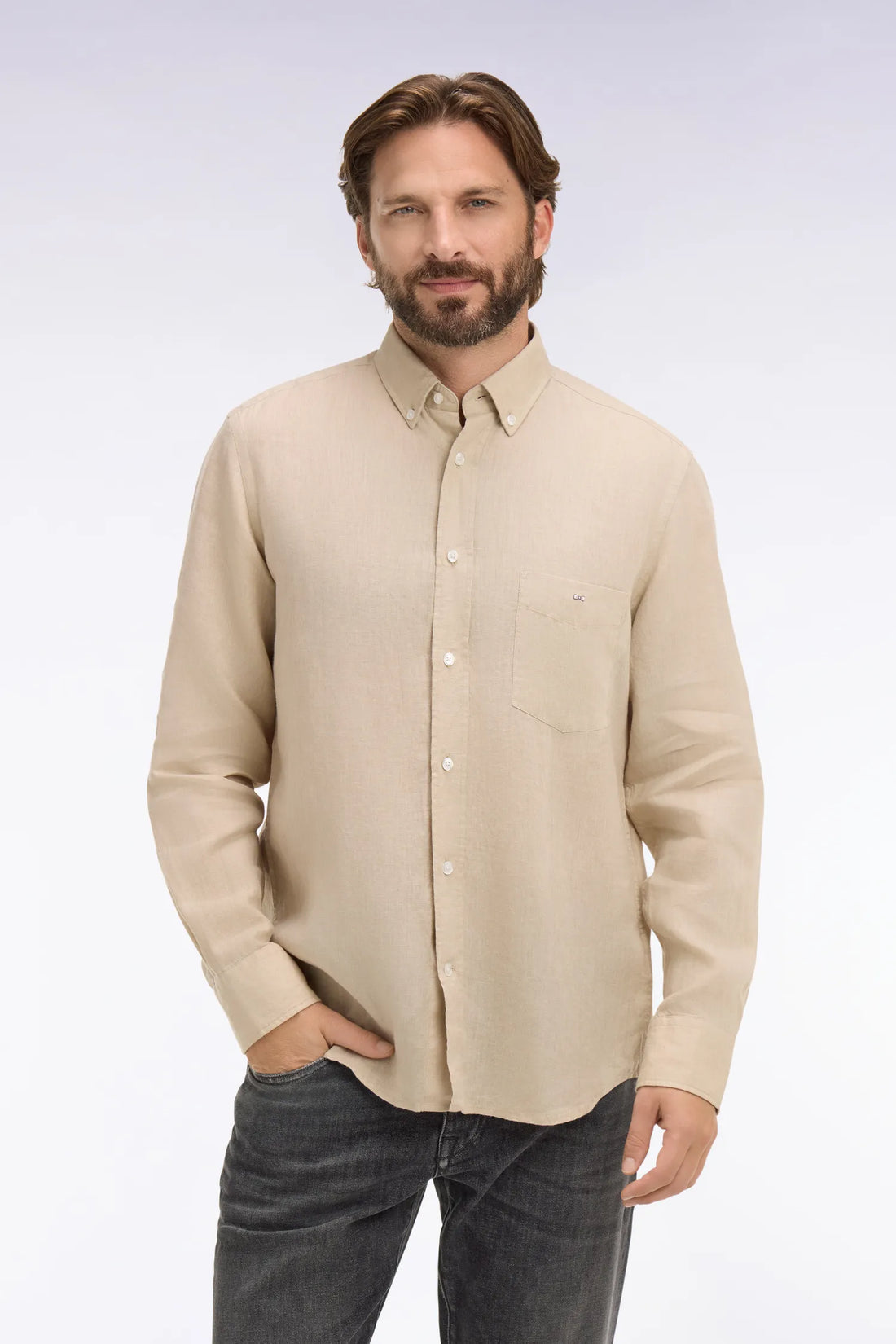 Eden Park Beige Men Straight-Cut Beige Linen Shirt SKU: E26CHECL0001_BEM31 Image 01