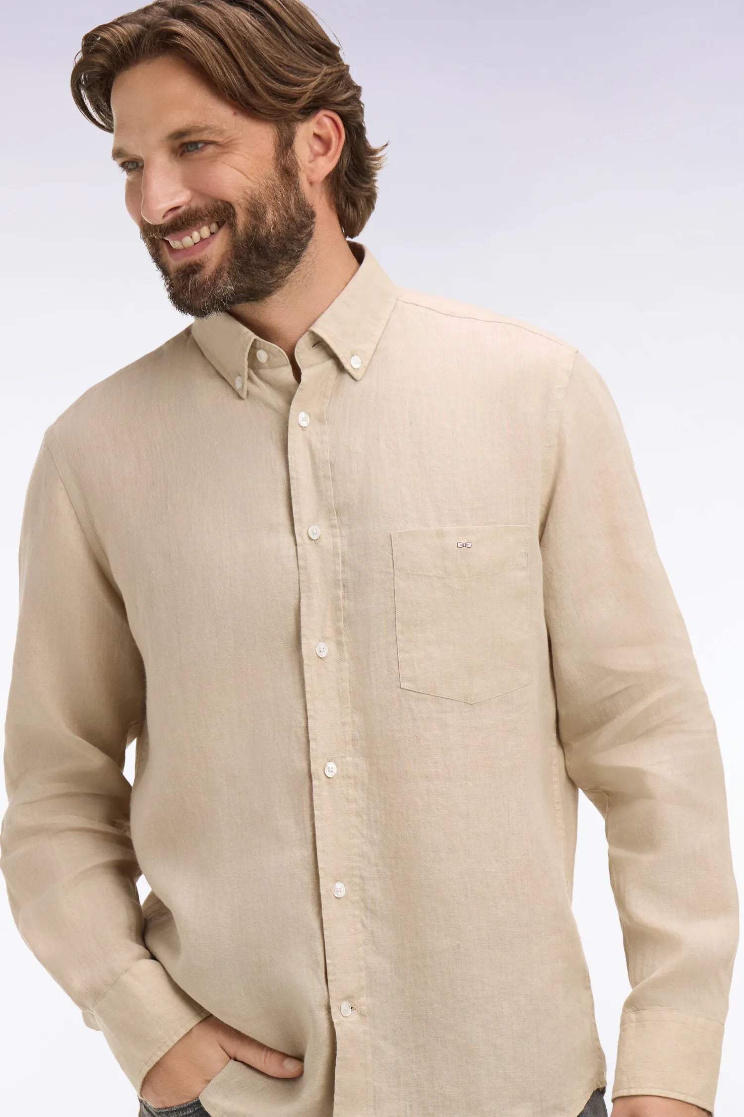 Eden Park Beige Men Straight-Cut Beige Linen Shirt SKU: E26CHECL0001_BEM31 Image 03