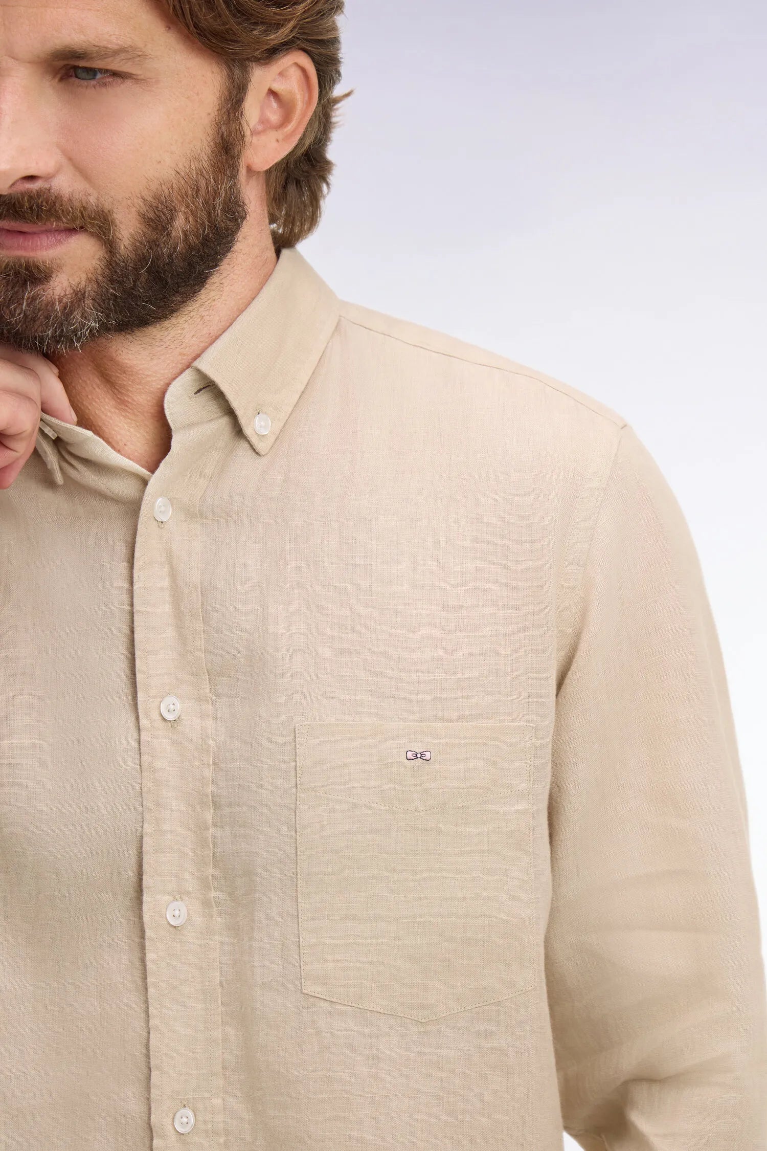 Eden Park Beige Men Straight-Cut Beige Linen Shirt SKU: E26CHECL0001_BEM31 Image 04
