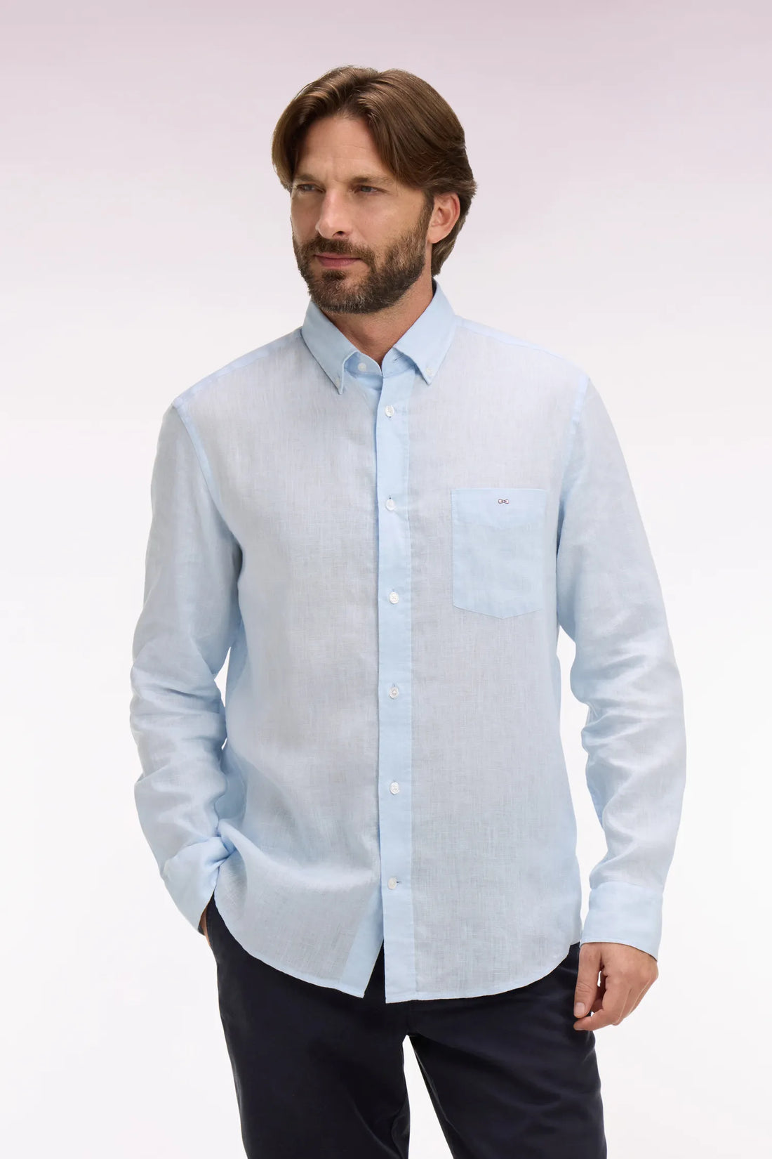 Eden Park Sky Blue Men Straight-Cut Sky Blue Linen Shirt SKU: E26CHECL0001_BLC25 Image 01