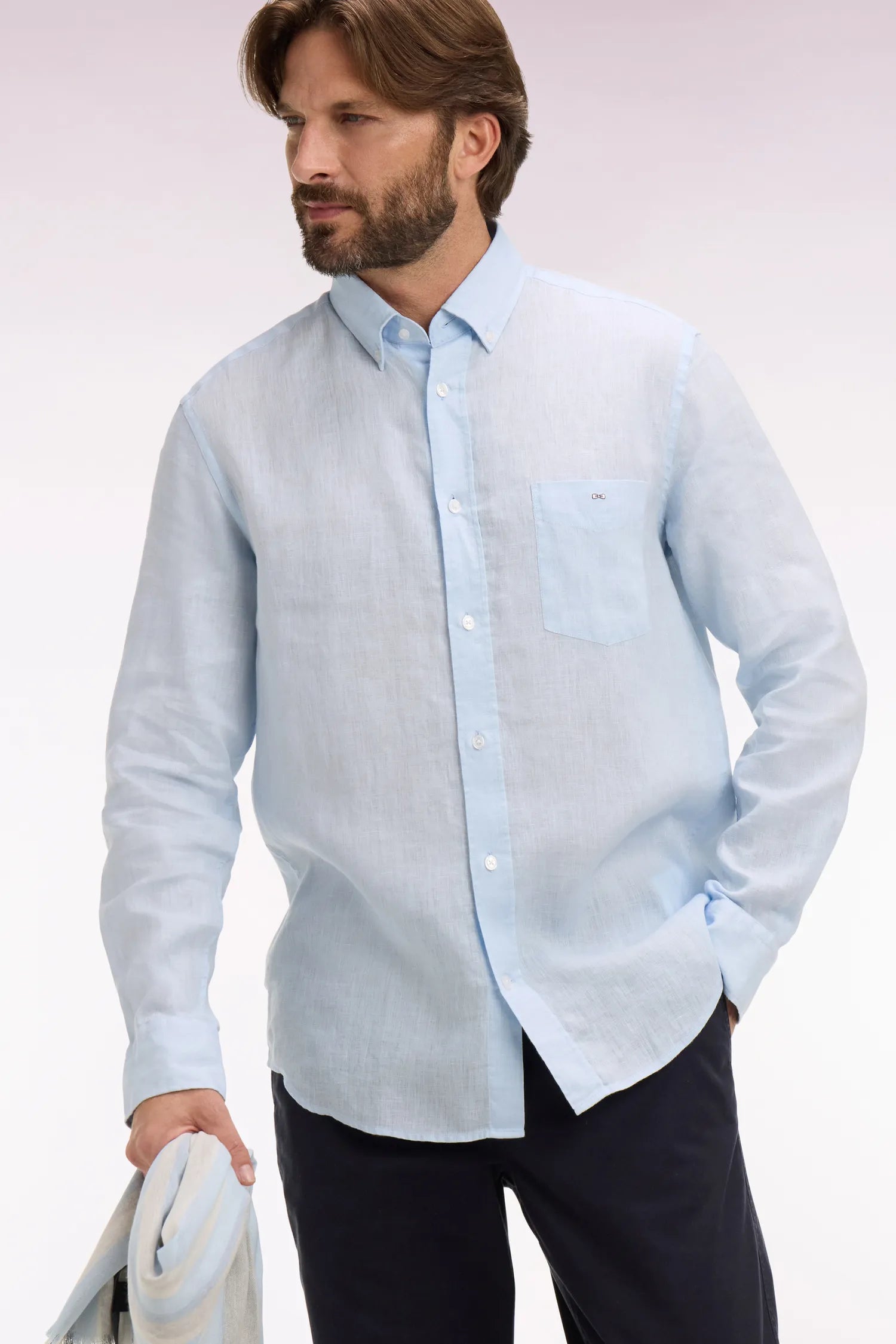 Eden Park Sky Blue Men Straight-Cut Sky Blue Linen Shirt SKU: E26CHECL0001_BLC25 Image 03